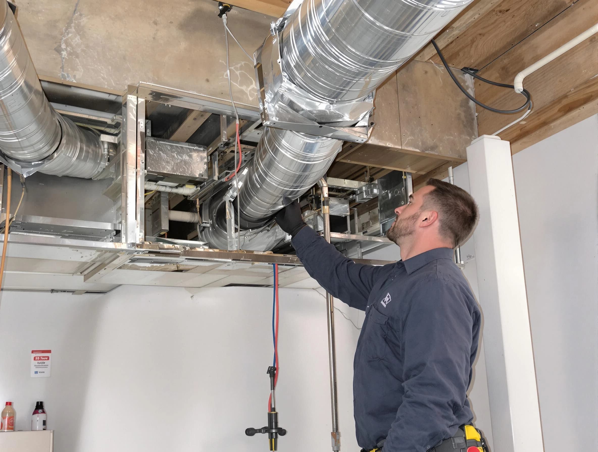 Tooele Air Duct Cleaning technician performing professional air duct repair using specialized tools in Tooele