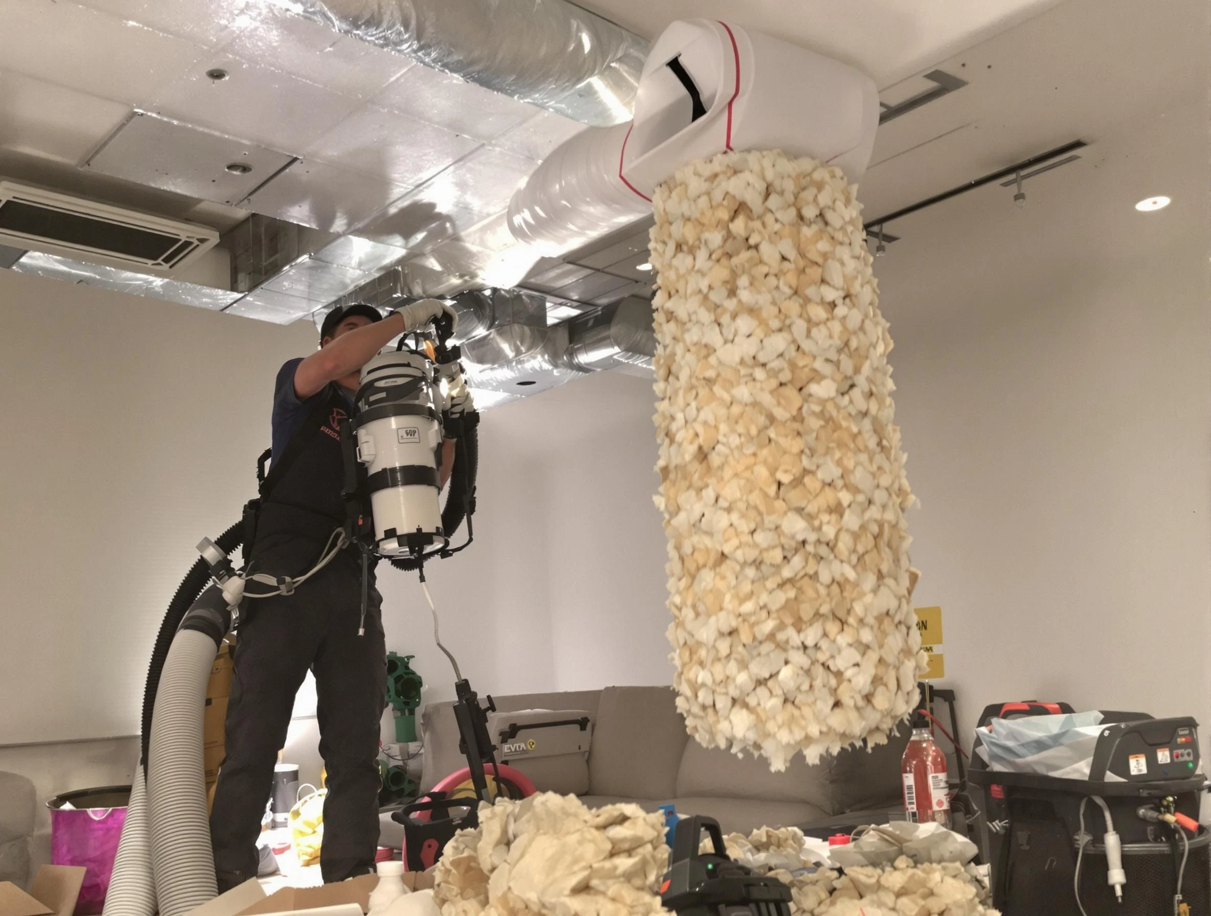 Tooele Air Duct Cleaning technician performing precision vacuum insulation removal in a residential property in Tooele